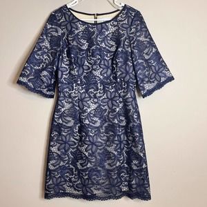 ELIZA J Navy Blue Lace Overlay Royal Short Sleeve Dress 8